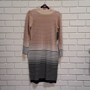 Carly St. Claire Striped Gold Metalic Detail Mock Neck Dress. Size Small NWT